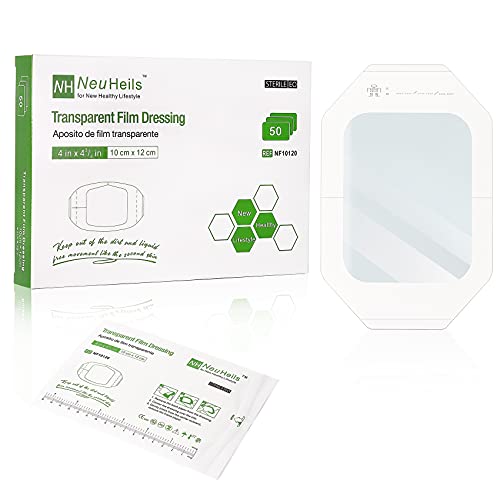 Transparent Film Dressing, Waterproof Wound Cover Bandage 4''x4.75'', 50 Packs, Post Surgical Shower or IV Shield, Tattoo Aftercare Bandage, Adhesive Patch by NeuHeils (4" x 4 3/4")