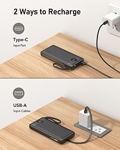 VEEKTOMX Portable Charger with Built-in Cables - 10000mAh Power Bank for iPhone - Slim Fast Charge USB C Battery Pack - Small Travel Essentials Powerbank, Compatible with iPhone, Samsung, Android, etc