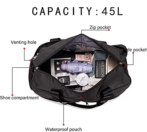 HOKEMP Sports Gym Bag Travel Duffel Weekender Bag Shoe Compartment with Wet Pocket for Men and Women(Black)