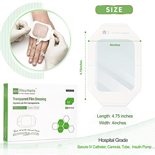 Transparent Film Dressing, Waterproof Wound Cover Bandage 4''x4.75'', 50 Packs, Post Surgical Shower or IV Shield, Tattoo Aftercare Bandage, Adhesive Patch by NeuHeils (4" x 4 3/4")