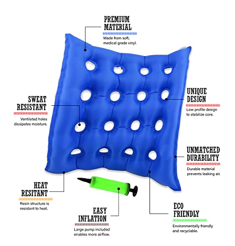 Premium Air Inflatable Seat Cushion - Comfortable Chair Cushion for Wheel Chair - Ideal for Prolonged Sitting - Ideal Seat Cushion for Daily Use (Blue)