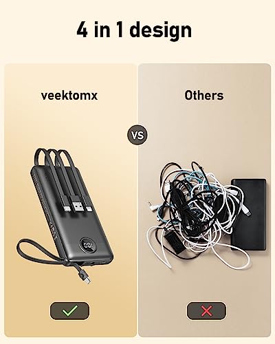 VEEKTOMX Portable Charger with Built-in Cables - 10000mAh Power Bank for iPhone - Slim Fast Charge USB C Battery Pack - Small Travel Essentials Powerbank, Compatible with iPhone, Samsung, Android, etc