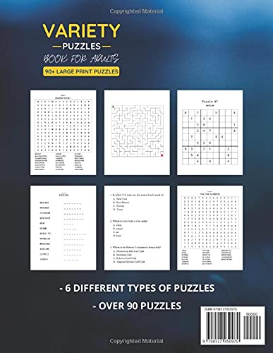 Variety Puzzle Book For Adults: 90+ Large-Print Puzzles Word Search, Sudoku, Word Scramble, Number Search, Trivia, Mazes