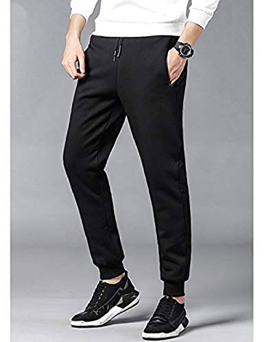 Yeokou Men's Casual Warm Sherpa Lined Elastic Waist Pant Trousers Joggers (X-Small, Black-Ribbed Cuff)