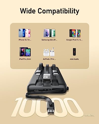 VEEKTOMX Portable Charger with Built-in Cables - 10000mAh Power Bank for iPhone - Slim Fast Charge USB C Battery Pack - Small Travel Essentials Powerbank, Compatible with iPhone, Samsung, Android, etc