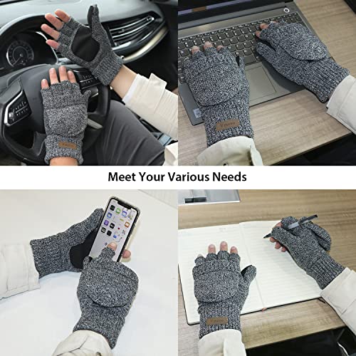 ViGrace Winter Knitted Convertible Fingerless Gloves Wool Mittens Warm Mitten Glove for Women and Men