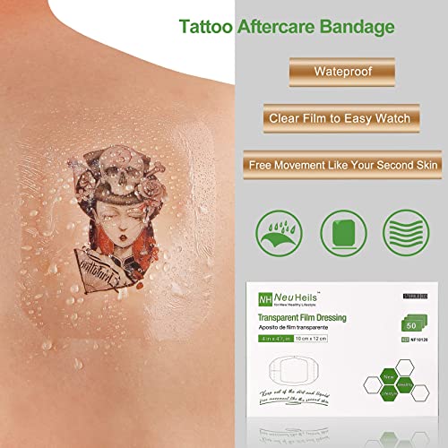 Transparent Film Dressing, Waterproof Wound Cover Bandage 4''x4.75'', 50 Packs, Post Surgical Shower or IV Shield, Tattoo Aftercare Bandage, Adhesive Patch by NeuHeils (4" x 4 3/4")