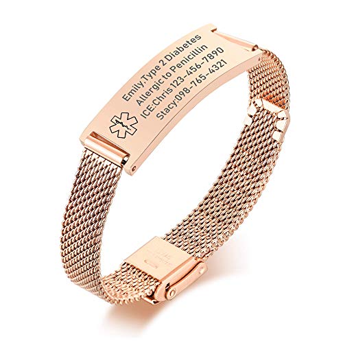 VNOX Medical Alert Bracelets for Men Women with Free Engraving Adjustable Stainless Steel Mesh Emergency Medical ID Bracelets Wristband,Rose Gold
