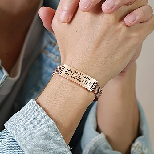 VNOX Medical Alert Bracelets for Men Women with Free Engraving Adjustable Stainless Steel Mesh Emergency Medical ID Bracelets Wristband,Rose Gold