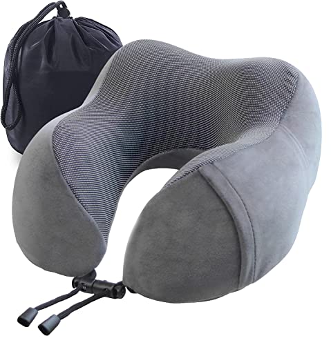 Travel Pillow, Best Memory Foam Neck Pillow and Head Support Soft Pillow with Side Storage Bags, for Sleep Rest, Airplane, Car, Family and Travel Use(Dark Grey)
