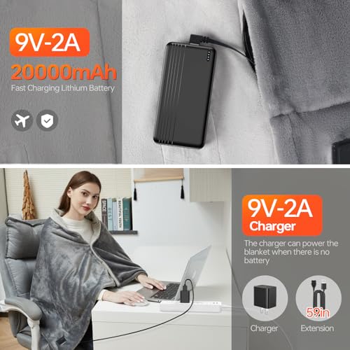 USB Heated Blanket,Cordless Electric Blanket with 20000mAH Battery,18W High-Power,8 Heating Zones,Machine Washable Super Cozy Soft Wearable Blanket with 3 Heating Levels & Timing Function