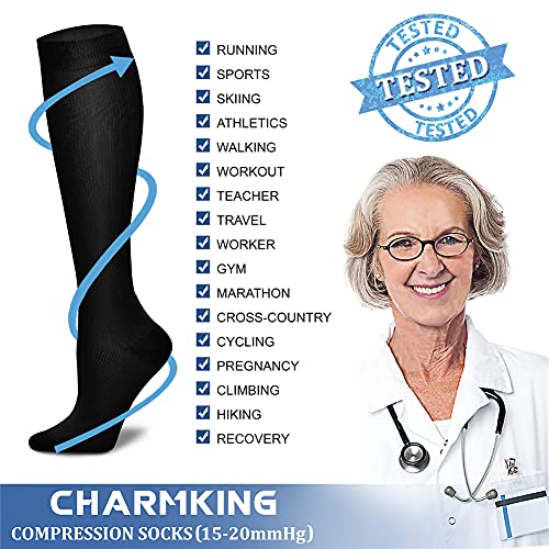 CHARMKING Compression Socks for Women & Men (8 Pairs) 15-20 mmHg Graduated Copper Support Socks are Best for Pregnant, Nurses - Boost Performance, Circulation, Knee High & Wide Calf (S/M, Multi 01)