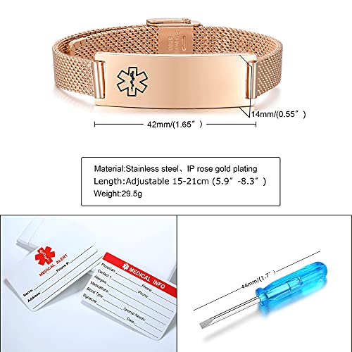 VNOX Medical Alert Bracelets for Men Women with Free Engraving Adjustable Stainless Steel Mesh Emergency Medical ID Bracelets Wristband,Rose Gold