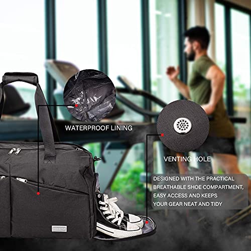 HOKEMP Sports Gym Bag Travel Duffel Weekender Bag Shoe Compartment with Wet Pocket for Men and Women(Black)