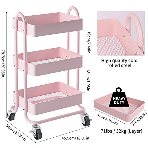 MIOCASA 3-Tier Metal Utility Rolling Cart, Heavy Duty Multifunction Cart with Lockable Casters, Easy to Assemble, Suitable for Office, Bathroom, Kitchen, Garden (Pink)