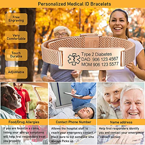 VNOX Medical Alert Bracelets for Men Women with Free Engraving Adjustable Stainless Steel Mesh Emergency Medical ID Bracelets Wristband,Rose Gold