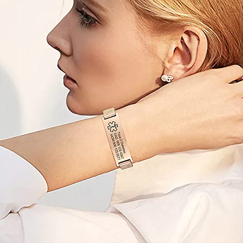 VNOX Medical Alert Bracelets for Men Women with Free Engraving Adjustable Stainless Steel Mesh Emergency Medical ID Bracelets Wristband,Rose Gold