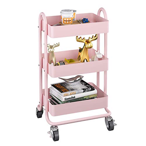 MIOCASA 3-Tier Metal Utility Rolling Cart, Heavy Duty Multifunction Cart with Lockable Casters, Easy to Assemble, Suitable for Office, Bathroom, Kitchen, Garden (Pink)