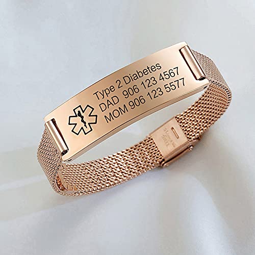 VNOX Medical Alert Bracelets for Men Women with Free Engraving Adjustable Stainless Steel Mesh Emergency Medical ID Bracelets Wristband,Rose Gold