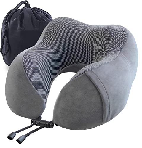 Travel Pillow, Best Memory Foam Neck Pillow and Head Support Soft Pillow with Side Storage Bags, for Sleep Rest, Airplane, Car, Family and Travel Use（Dark Grey）